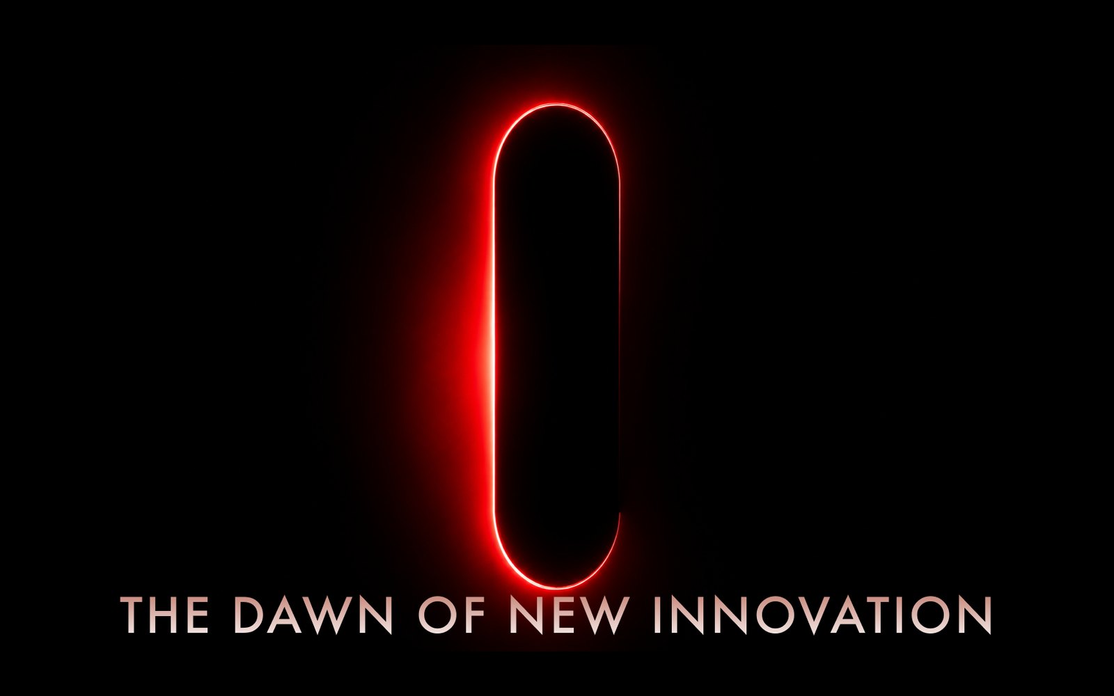 A capsule outline glowing red in the dark, above the words The dawn of new innovation