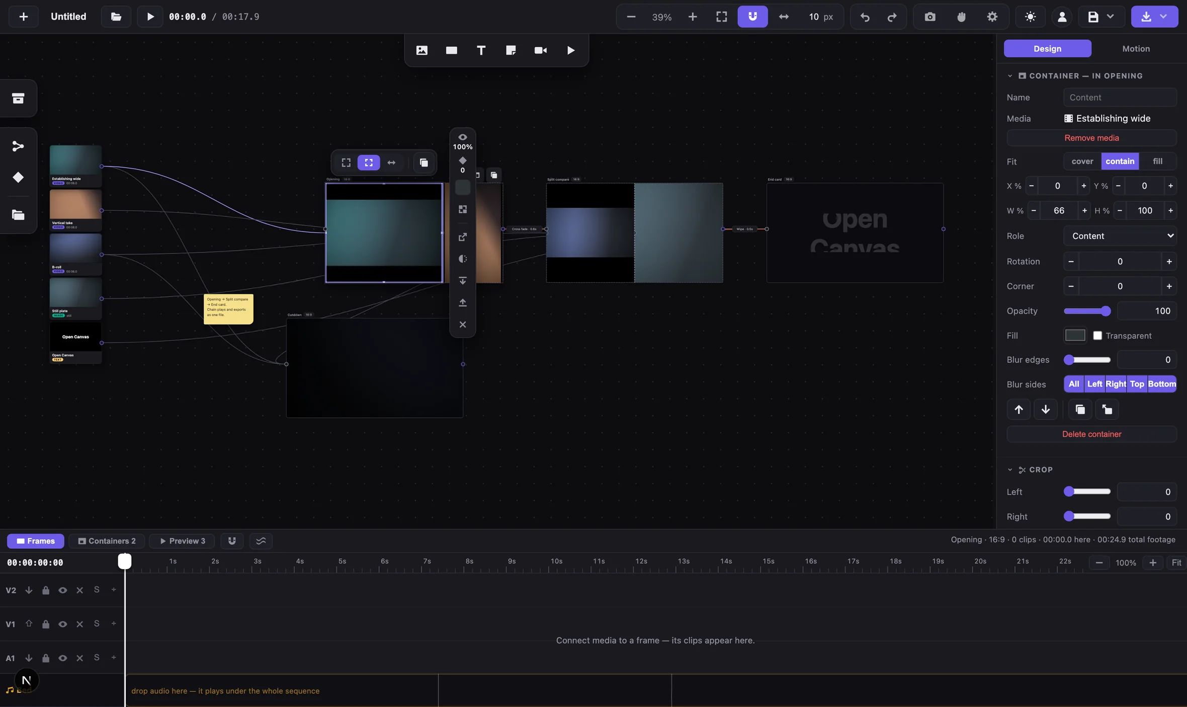 A container selected inside a frame: a floating selection bar over the canvas, and a properties panel on the right with fit, position, size, role, rotation, corner, opacity, fill and blur controls.