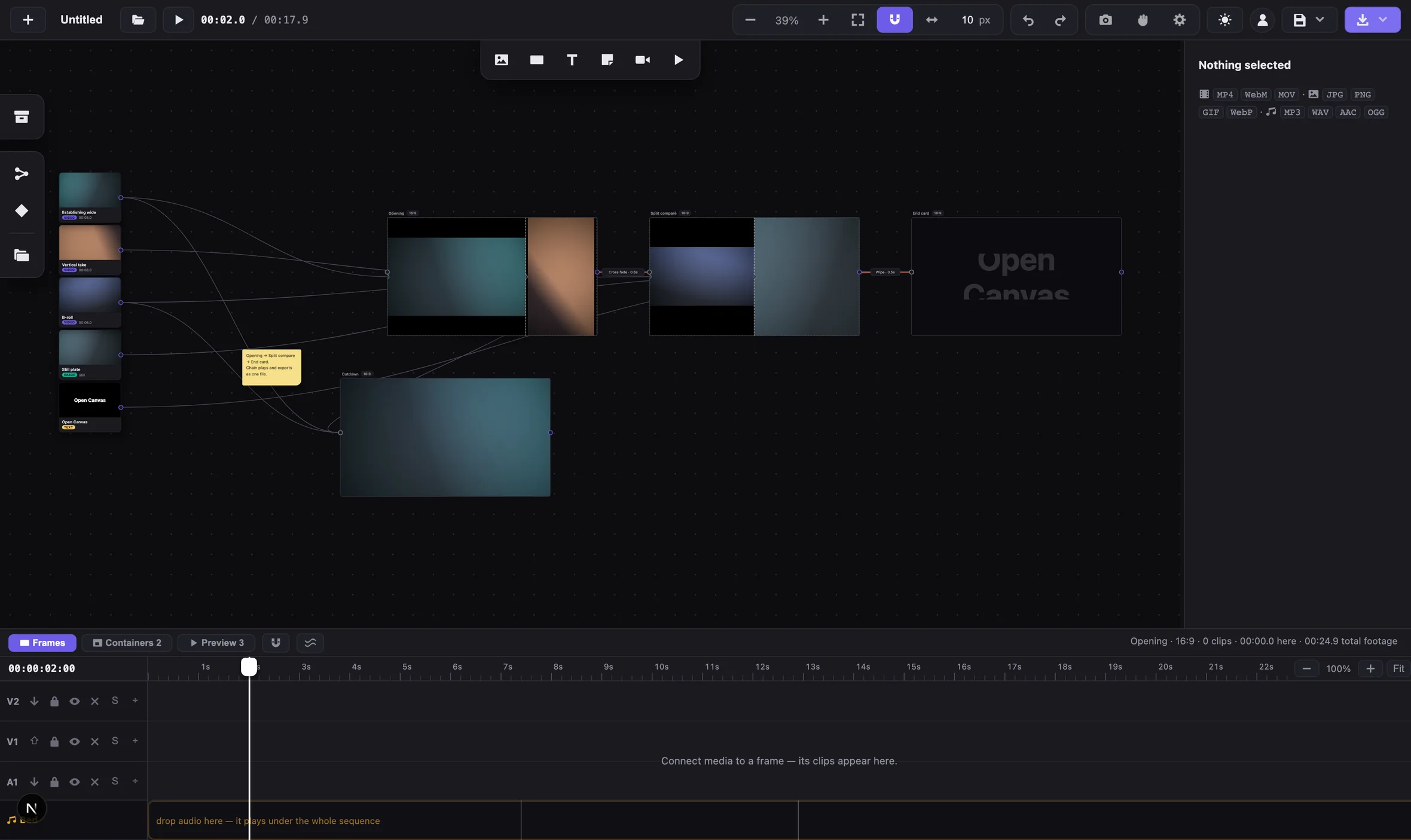 The export menu open in the top right corner of the editor, over the node canvas.
