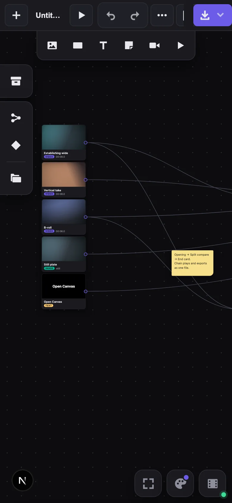 Open Canvas at phone width: the canvas fills the screen with media nodes and wires, tool rails on the left edge, and a thumb rail of controls at the bottom right.
