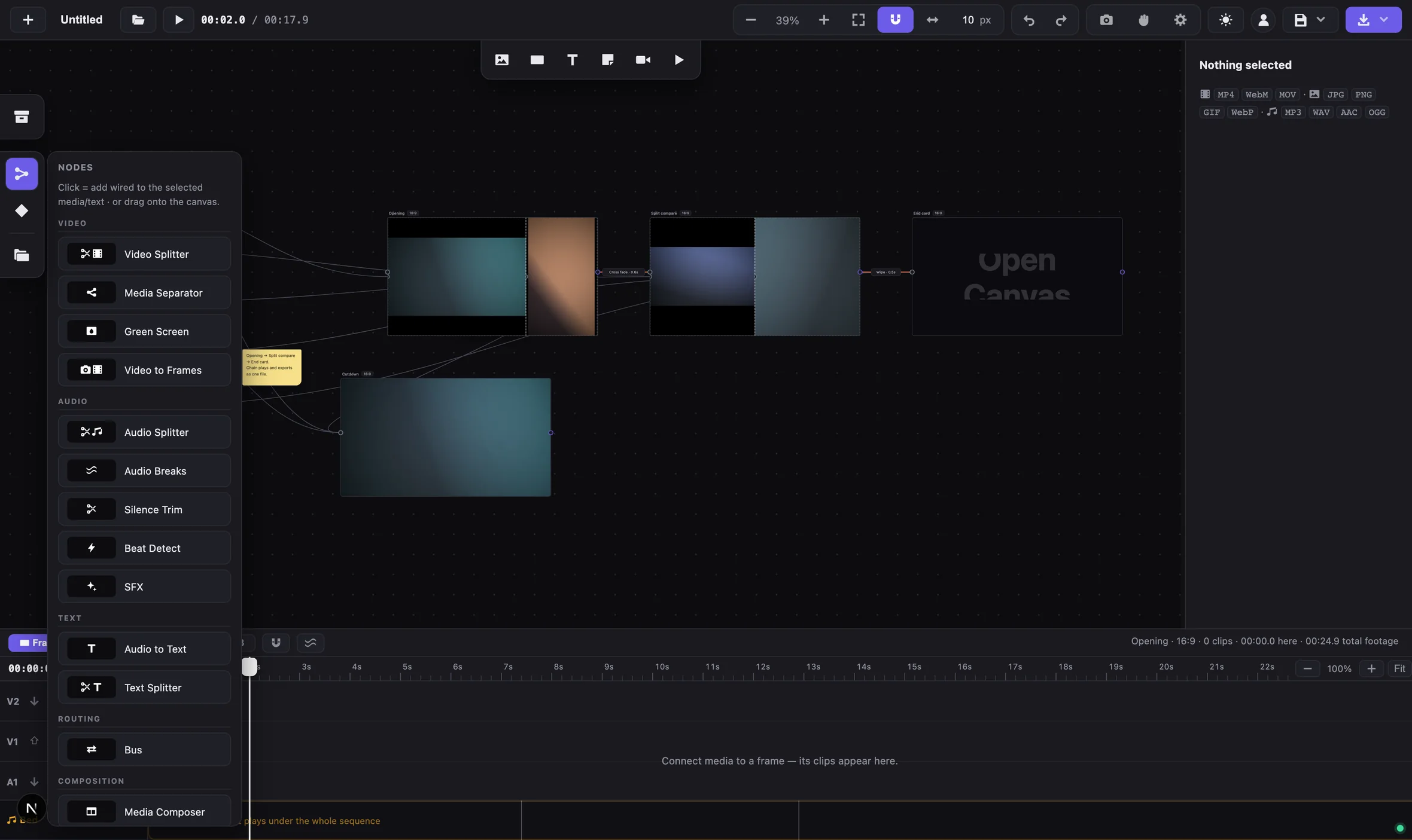 A tool flyout opened from the left rail of the editor, over the node canvas.